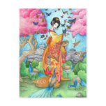 Summer Maiko Geisha Butterfly Peacock Art Postcard