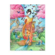Summer Maiko Geisha Butterfly Peacock Art Postcard