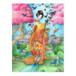 Summer Maiko Geisha Butterfly Peacock Art Postcard