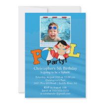 Summer POOL Party PHOTO Birthday Invitation boy