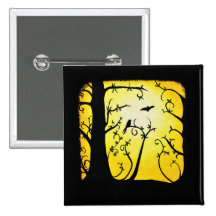 Summer Yellow Swirled Tree with Birds Pinback Button