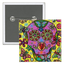 Sun Flower Butterfly Sugar Skull Pinback Button
