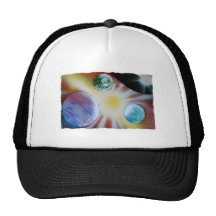 Sunburst with planets spray paint spraypainting trucker hats