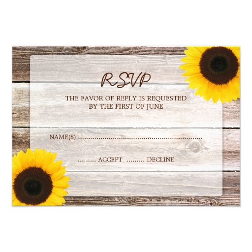 Sunflower Barn Wood Wedding RSVP Response Card Personalized Invitations