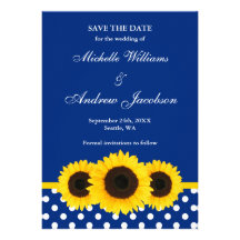 Sunflower Blue and White Polka Dot Save the Date Invite