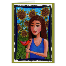 Sunflower Forest, Girl & Red Bird - greeting card