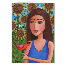 Sunflower Forest & Red Bird - greeting card