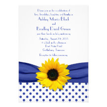 Sunflower Royal Blue White Polka Dot Wedding Custom Invites