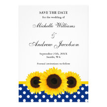 Sunflower White and Blue Polka Dot Save the Date Custom Announcements