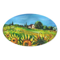 SUNFLOWERS AND COUNTRYSIDE IN TUSCANY,ovale Sticker