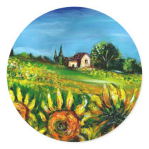 SUNFLOWERS AND COUNTRYSIDE IN TUSCANY ROUND STICKERS