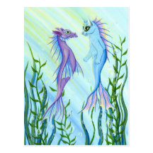 Sunrise Swim Sea Dragon & Mermaid Cat Art Postcard