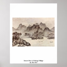 Sunset Over A Fishing Village By Mu-Ch'I Print