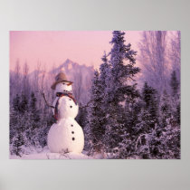 Sunset Snowman in the Winter Mountains Poster