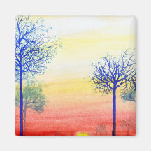 Sunset with Blue Trees Magnets