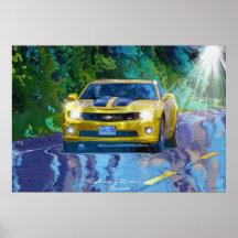 Superfast Yellow Sports Car on Highway Poster