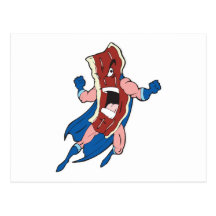 superhero bacon cartoon character post card