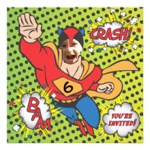 Superhero comic book birthday party photo card custom invites
