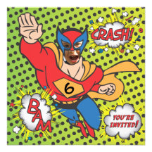 Superhero comic book birthday party photo card custom invite