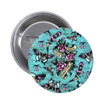 Surfabilly Tattoo Icons Pattern on wood base. buttons