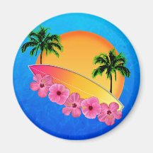 Surfboard and Hibiscus Flowers Fridge Magnet