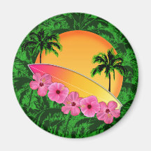 Surfboard and Hibiscus Flowers Refrigerator Magnets
