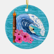 Surfer And Tiki Statue Christmas Ornaments