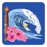 Surfer And Tiki Statue Square Stickers