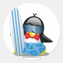 Surfer Penguin Round Sticker