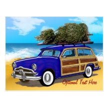 Surfing Woodie with Christmas Tree Post Cards