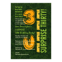 SURPRISE 30th Birthday Modern Green and Gold F543 Personalized Announcement