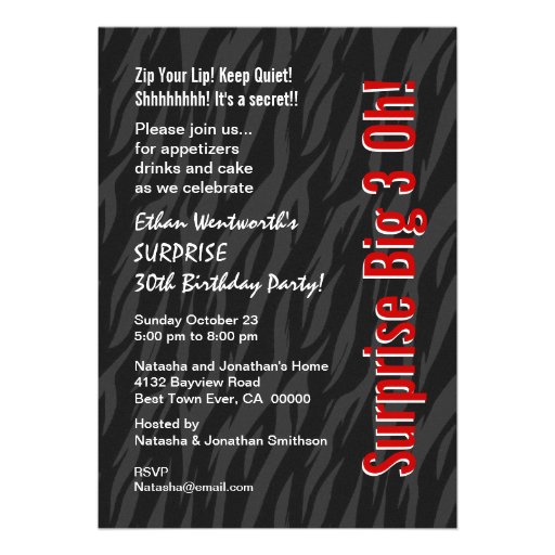 SURPRISE 30th Birthday Zebra and Leopard Black Red Custom Announcement