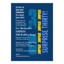 SURPRISE 30th Modern Birthday Blue Gold Template Personalized Announcements