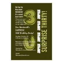 SURPRISE 30th Modern Birthday Khaki and Olive W026 Custom Announcements