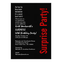 SURPRISE 40th Birthday Trendy Black White Red Personalized Announcement