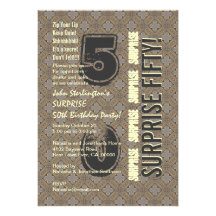 SURPRISE 50th Modern Birthday Wood Tone Pattern Invites