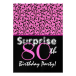 SURPRISE 80th Birthday Pink Black Swirls Metallic Personalized Invitations