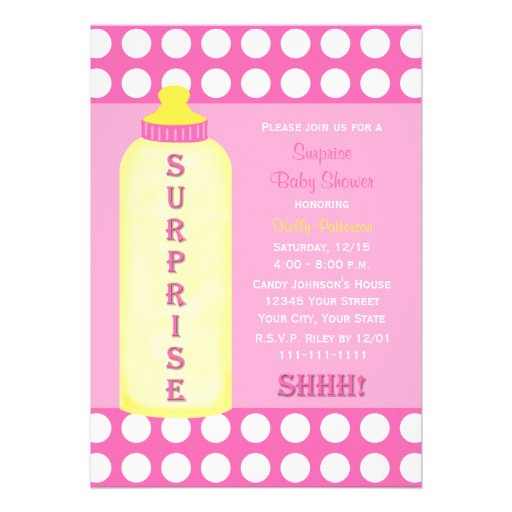 Surprise Baby Shower Invitation - Pink Baby Bottle at Zazzle.ca