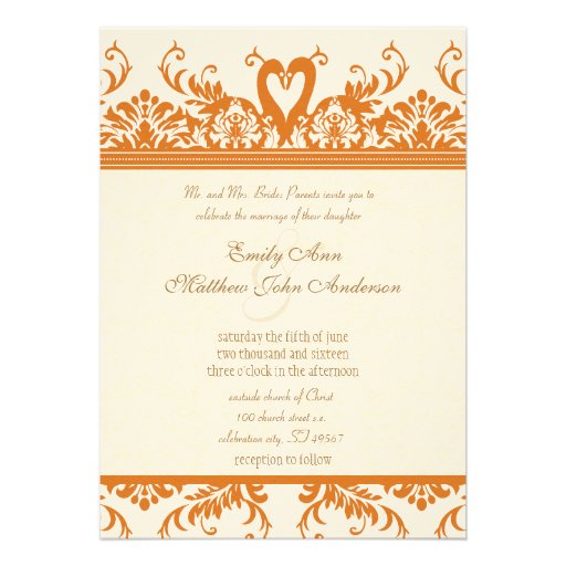 Swan Love Bird Coral & Ivory Damask Wedding Invite