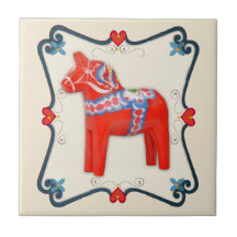 Swedish Dala Horse Folk Art Framed Tiles