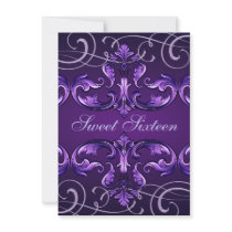 Sweet16 Dark Purple Damask & Tiara Birthday Invite