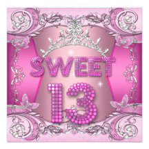 Sweet 13 13th Birthday Party Pink Silver Tiara Announcements