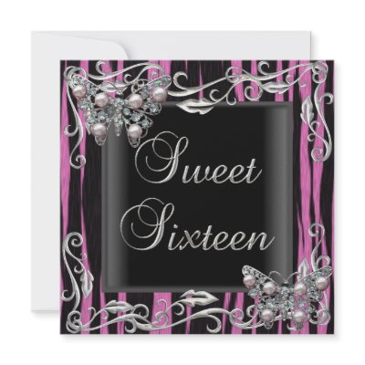Sweet 16 Birthday Butterfly Zebra Black Pink Announcement by Zizzago