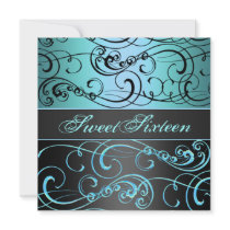 Sweet 16 Black/Blue Swirl Birthday Invitation