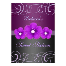 Sweet 16 Flower & Tiara Purple Birthday Invite