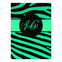 Sweet 16 green black zebra stripe birthday invites