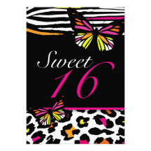 Sweet 16 Invitation Bright Butterfly & Zebra Print