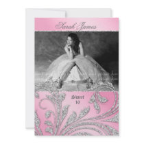 Sweet 16 Party Invite Glitter Leaves Pink