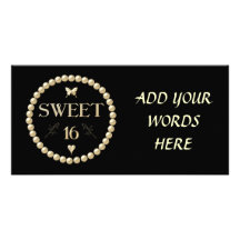 Sweet 16 - Pearls on black "velvet" Personalized Photo Card