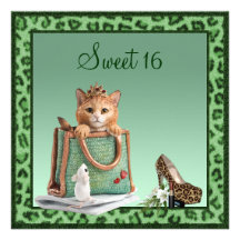 Sweet 16 Princess Kitten Green Faux Leopard Fur Personalized Announcements